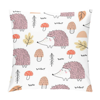 Personality  Seamless Pattern With Cartoon Hedgehogs, Mushrooms, Leaves. Colorful Vector For Kids, Flat Style. Baby Design For Fabric, Textile, Print, Wrapper. Pillow Covers