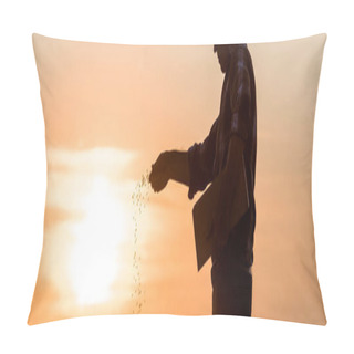 Personality  Panoramic Shot Of Farmer Sowing Seeds During Sunset  Pillow Covers