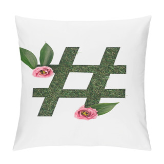 Personality  Top View Of Cut Out Hashtag Sign On Green Grass Background With Leaves And Pink Peonies Isolated On White Pillow Covers