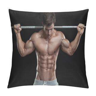 Personality  Muscular Bodybuilder Guy Doing Exercises With Dumbbells Over Bla Pillow Covers