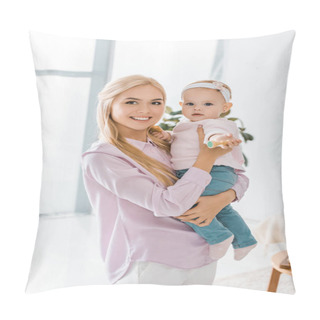 Personality  Young Smiling Mother Holding Toddler Daughter With Chess Figure In Hand Pillow Covers
