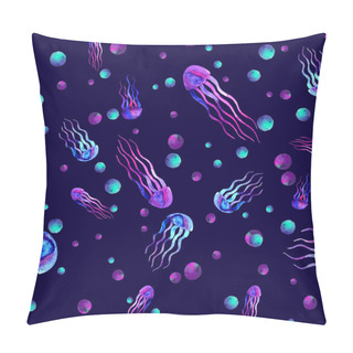 Personality  Hand Drawn Jellyfish. Watercolor Pattern. Sea Seamless Element. Design On Dark Background. Unusual And Modern. For Textile, Fabric Wallpaper. Blue Pink Violet Pillow Covers