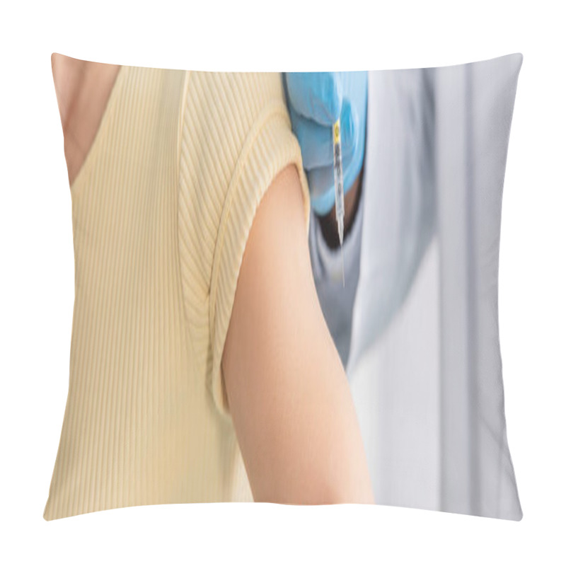 Personality  partial view of doctor with vaccine near woman in clinic, banner pillow covers