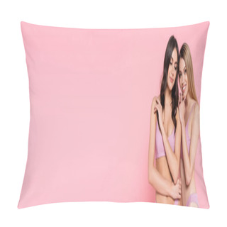 Personality  Pretty Woman Hugging Friend In Swimwear Isolated On Pink, Banner  Pillow Covers