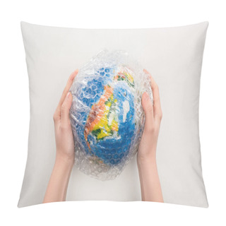 Personality  Cropped View Of Woman Holding Globe In Plastic Bag On White Background, Global Warming Concept Pillow Covers