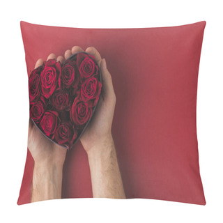 Personality  Cropped Shot Of Man Holding Roses In Heart Shaped Box On Red Tabletop, St Valentines Day Concept Pillow Covers