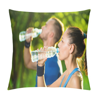 Personality  Man And Woman Drinking Water From Bottle After Fitness Sport Exercise Pillow Covers