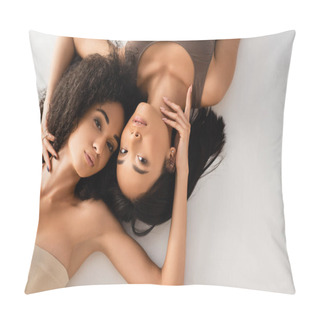 Personality  Top View Of African American And Asian Women Looking At Camera While Lying Isolated On White  Pillow Covers