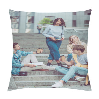 Personality  Friends With Coffee To Go Resting On Street Steps In New City Pillow Covers