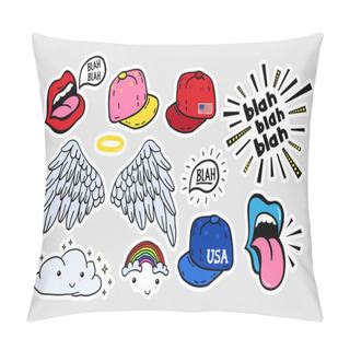 Personality  Comic Youth Stickers, Patches In 70 S 80 S, 90 S Rock, Pop Art Style. Speech Bubbles, Different Emotions, Text. Suitable On Laptop, Jeans Jacket, Teenage Adolescent Clothes. Teen Colorful Vector Set Pillow Covers