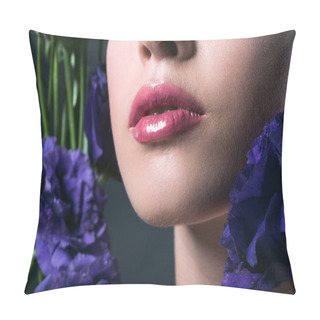 Personality  Partial Portrait Of Beautiful Young Woman With Pink Lips And Purple Eustoma Flowers On Grey Pillow Covers