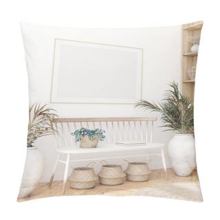 Personality  Mock Up Poster In Scandinavian Interior With Bench, Baskets And Palm Branches In Pots, 3d Render Pillow Covers