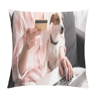 Personality  Partial View Of Young Woman Holding Credit Card Near Dog And Laptop While Online Shopping At Home, Banner Pillow Covers