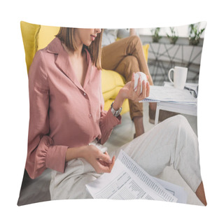 Personality  Cropped View Woman Holding Baseball And Sitting On Floor Near Boyfriend Sitting On Sofa  Pillow Covers