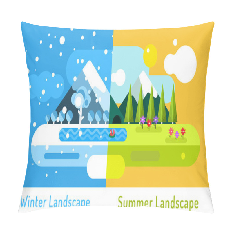 Personality  Abstract outdoor summer and winter landscape. Trees nature signs, mountains, river or lake, sun clouds, flowers, cave, snow ice, cold. Design elements. pillow covers