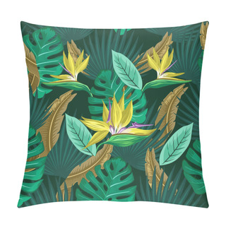 Personality  Vector Seamless Tropical Pattern, Vivid Tropic Foliage, With Monstera Leaf, Palm Leaves, Bird Of Paradise Flower. Pattern Trend Design. Pillow Covers