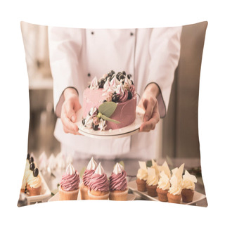 Personality  Partial View Of Confectioner Holding Cake In Hands In Restaurant Kitchen Pillow Covers