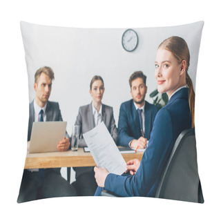 Personality  Selective Focus Of Employee Looking At Camera While Holding Resume Near Recruiters Pillow Covers