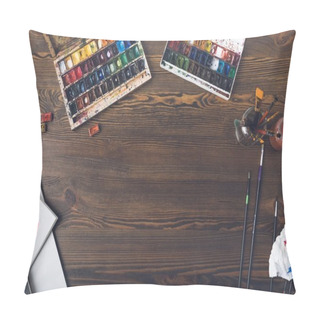 Personality  Top View Of Watercolor Paints And Paintbrushes At Designer Workplace With Copy Space Pillow Covers