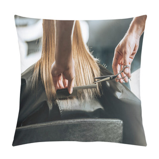 Personality  Hairdresser Cutting Hair To Beautiful Young Woman In Beauty Salon  Pillow Covers