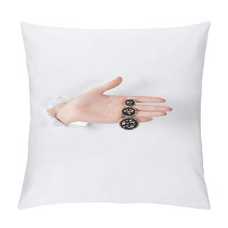 Personality  Cropped Image Of Woman Holding Hand With Beautiful Luxury Earring With Diamonds Through White Paper Pillow Covers