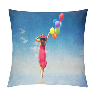 Personality  Brunette Girl With Colour Balloons At Coast. Pillow Covers