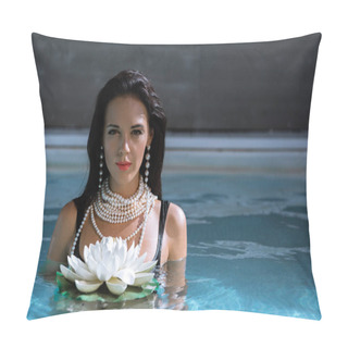 Personality  Attractive Woman In Pearl Necklace Posing In Pool With Lotus  Pillow Covers
