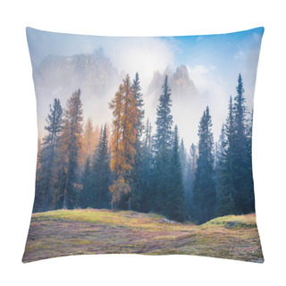 Personality  Foggy Outdoor Scene On Tre Chime Di Lavaredo National Park, Antorno Lake Location. Splendid Autumn Morning In Dolomiti Alps, Italy, Europe. Beauty Of Nature Concept Background Pillow Covers