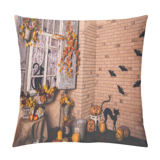 Personality  Halloween Decorated Yard Of Old House.  Pillow Covers