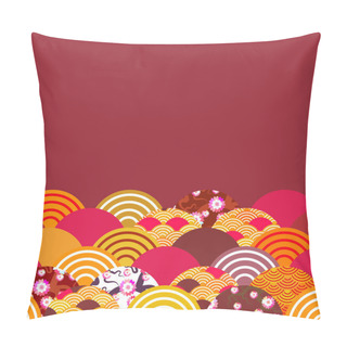 Personality  Fish Scales Simple Nature Background With Japanese Sakura Flower, Rosy Pink Cherry, Wave Circle Pattern Blue Orange Red Colors Card Banner Design On Burgundy Background. Vector Illustration Pillow Covers