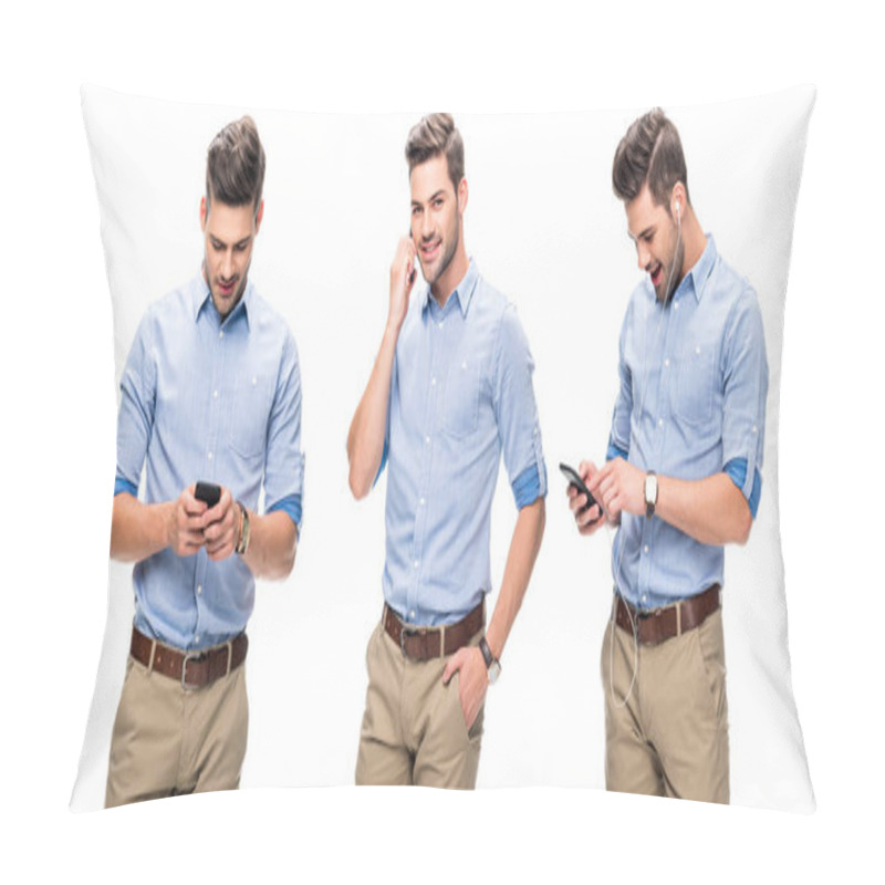 Personality  collage of handsome office worker in blue shirt talking and watching on smartphone, listening music isolated on white pillow covers