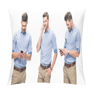 Personality  Collage Of Handsome Office Worker In Blue Shirt Talking And Watching On Smartphone, Listening Music Isolated On White Pillow Covers
