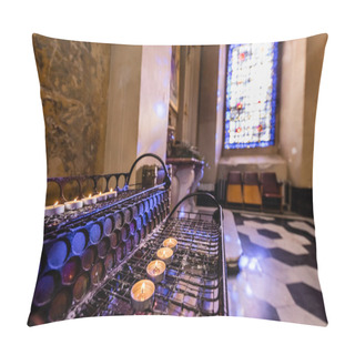 Personality  LVIV, UKRAINE - OCTOBER 23, 2019: Burning Candles In Dominican Church With Light In Stained Glass Window Pillow Covers