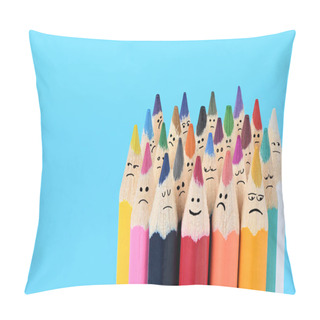 Personality  Bright Smiling Pencil Among Big Set Of Colored Sad Pencils. Close Up Macro Shot. High Resolution Photo. Full Depth Of Field. Pillow Covers