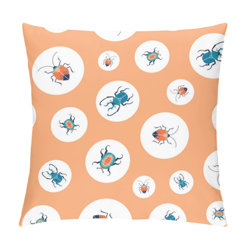 Personality  Retro bug in circles. Seamless pattern. Vector geometric print with different bugs on orange background. pillow covers