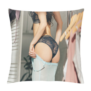 Personality  Selective Focus Of Woman Standing In Lace Lingerie And Wearing Blue Dress Pillow Covers