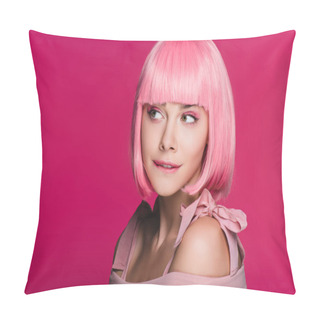 Personality  Beautiful Sensual Woman In Pink Wig Biting Lip, Isolated On Pink Pillow Covers