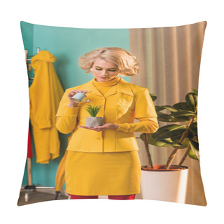 Personality  Beautiful Old-fashioned Woman In Yellow Dress Watering Potted Plant With Small Watering Can At Home Pillow Covers