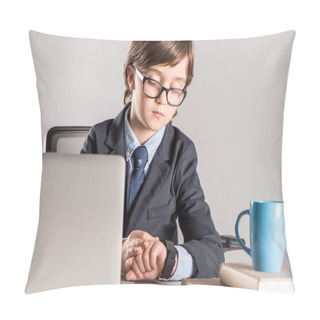 Personality  Schoolchild In Business Suit Looking At Smartwatch Pillow Covers
