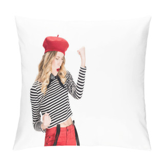 Personality  Excited Woman In Red Beret Smiling While Celebrating Winning Isolated On White  Pillow Covers