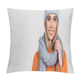 Personality  Smiling Woman In Warm Hat, Sweater And Scarf On White Background, Banner  Pillow Covers
