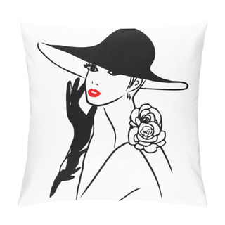 Personality  Vector Ink Line Art Lady Wearing Black Hat Pillow Covers
