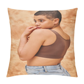Personality  Representation Of Body, Curvy And Young Woman In Crop Top And Jeans Posing With Hand Near Lips On Mottled Beige Background, Short Haired, Self-acceptance, Generation Z, Tattooed, Different Shapes  Pillow Covers