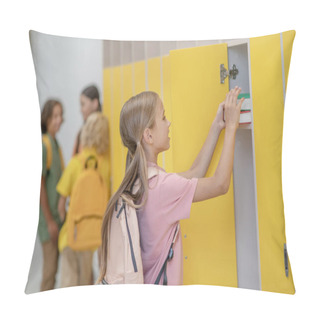 Personality  Pretty Girl In Pink Tshirt Putting Books To Her Locker Pillow Covers