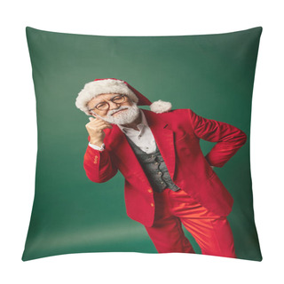 Personality  Jolly Elegant Man Dressed As Santa In Glasses And Hat Posing On Dark Green Backdrop, Winter Concept Pillow Covers