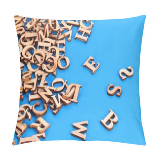 Personality  A Heap Of Wooden Letters Are Lying In The Blue Studio Pillow Covers