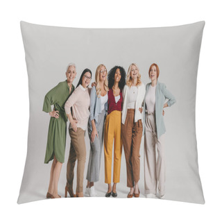 Personality  Multi-ethnic Group Of Happy Mature Women Bonding Against Grey Background Pillow Covers