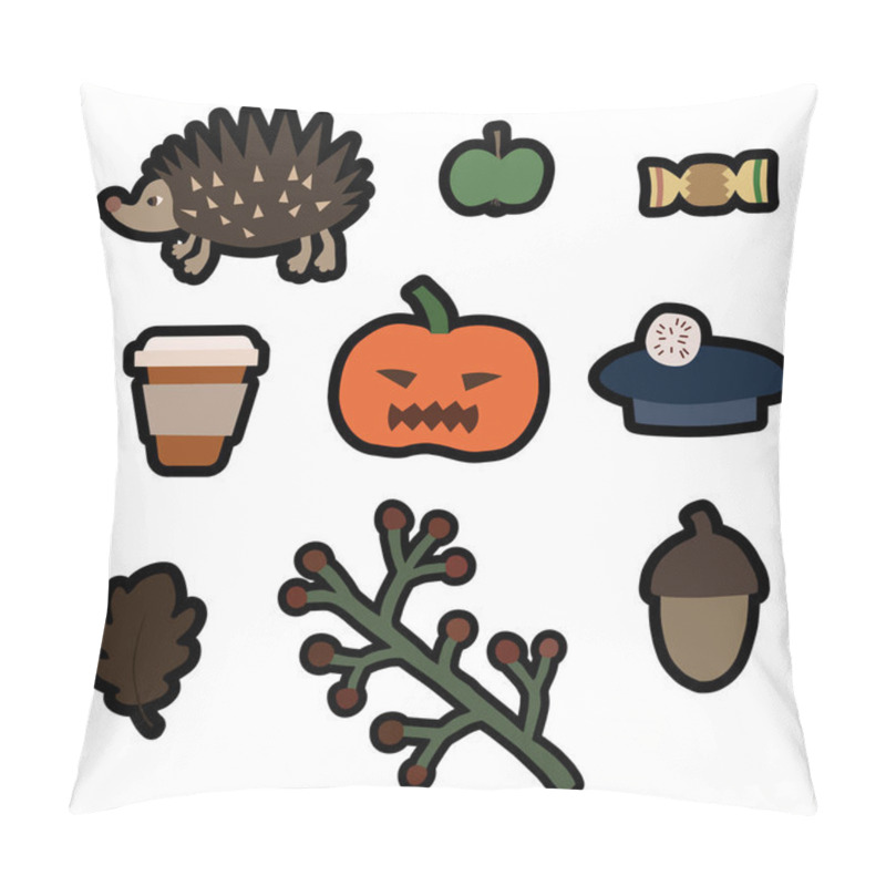 Personality  Illustration With Halloween Pumpkin And Fall Season Icons On White  Pillow Covers