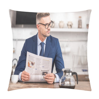 Personality  Handsome Businessman In Eyeglasses Holding Newspaper And Looking Away At Home Pillow Covers