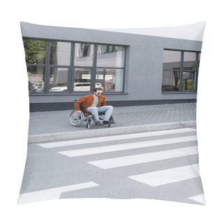 Personality  Young Disabled Man In Wheelchair Near Crosswalk With Border In City Pillow Covers